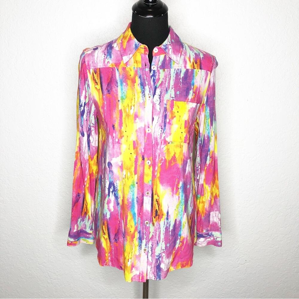 Soft Surroundings pink yellow purple watercolor floral beaded button down XS